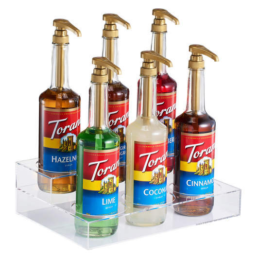 Acrylic Bottle Holder, Coffee Syrup Rack Display Case | 2-Tiered 6 Bottle | Wine Bar Bottle Rack, Clear Shelf Rack for Kitchen, Countertop, Fridge Pantry Storage Organizer - Wine, Soda, Cans, Liquor