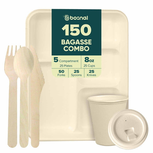 Bosnal – Sugarcane Bagasse Compostable 5-Compartment Trays & 8 Oz Cups with Lids & Cutlery