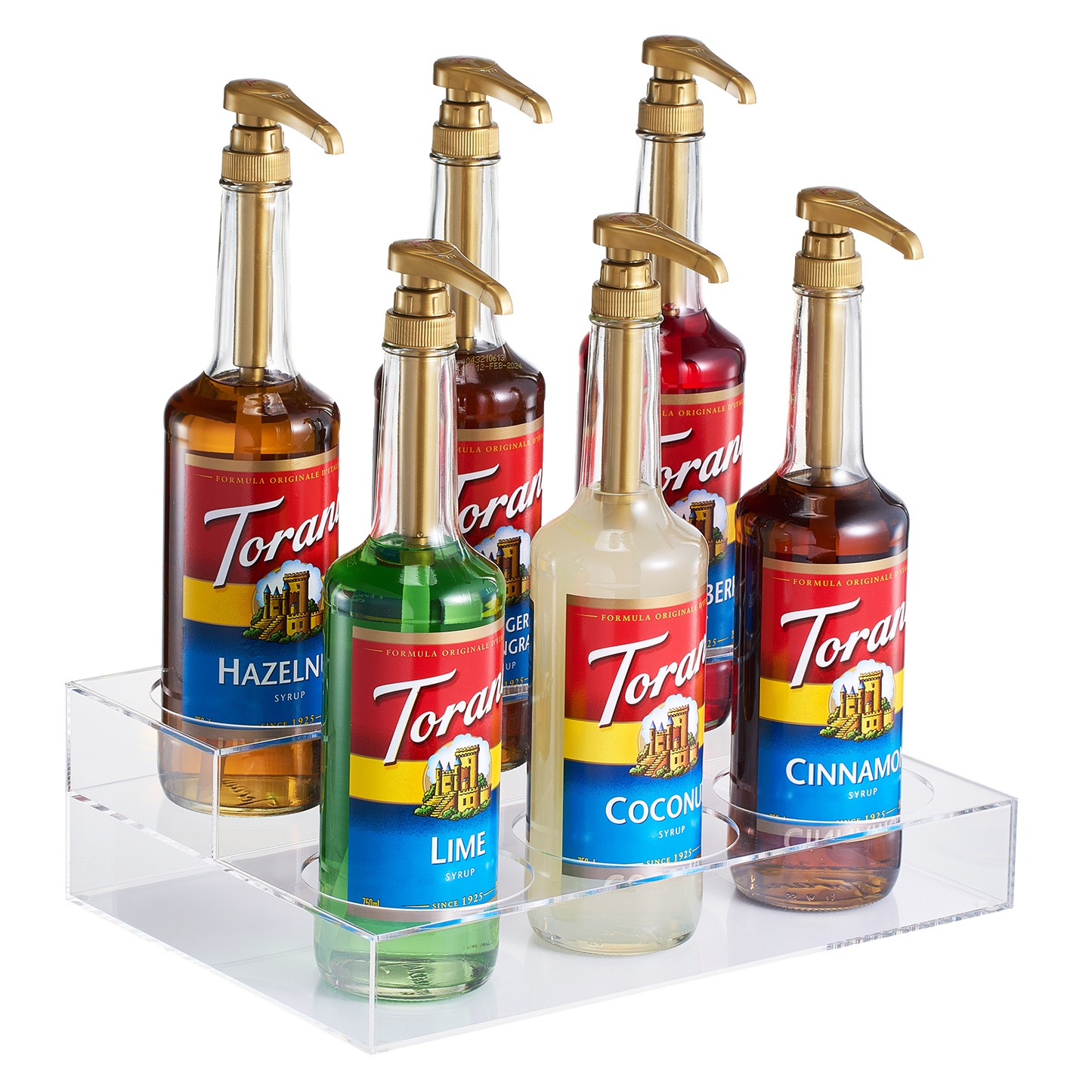 Acrylic Bottle Holder, Coffee Syrup Rack Display Case | 2-Tiered 6 Bottle | Wine Bar Bottle Rack, Clear Shelf Rack for Kitchen, Countertop, Fridge Pantry Storage Organizer - Wine, Soda, Cans, Liquor