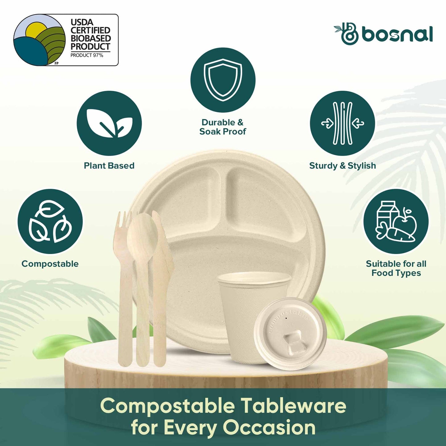 Bosnal – Sugarcane Bagasse Compostable 3-Compartment Round Plates & 8 Oz Cups with Lids & Cutlery